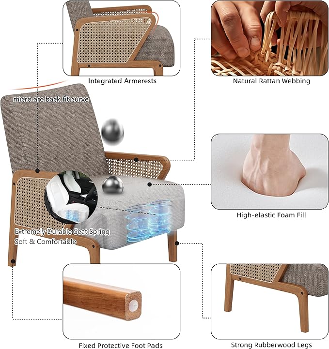 Alunaune Upholstered Natural Rattan Living Room Chairs Accent Chair Armchair Set of 2 Modern Fabric Slipper Club Chair Guest Reception Couch Comfy Single Sofa for Reading Bedroom-Taupe