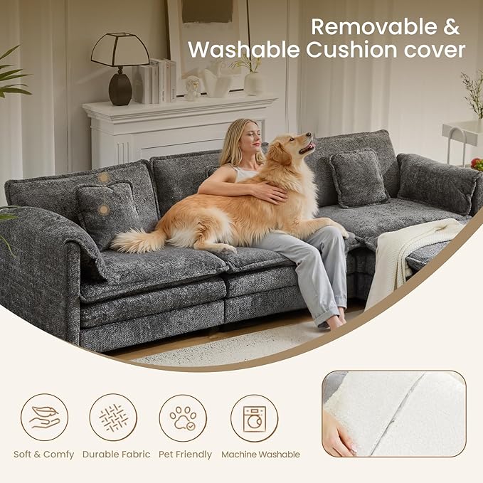 147.8 U Shaped Modular Sectional Sofa Comfy Cloud Couch with Movable Ottoman Deep Seat Modular Sofa Sectional Couches for Living Room Bedroom Apartment (Grey)