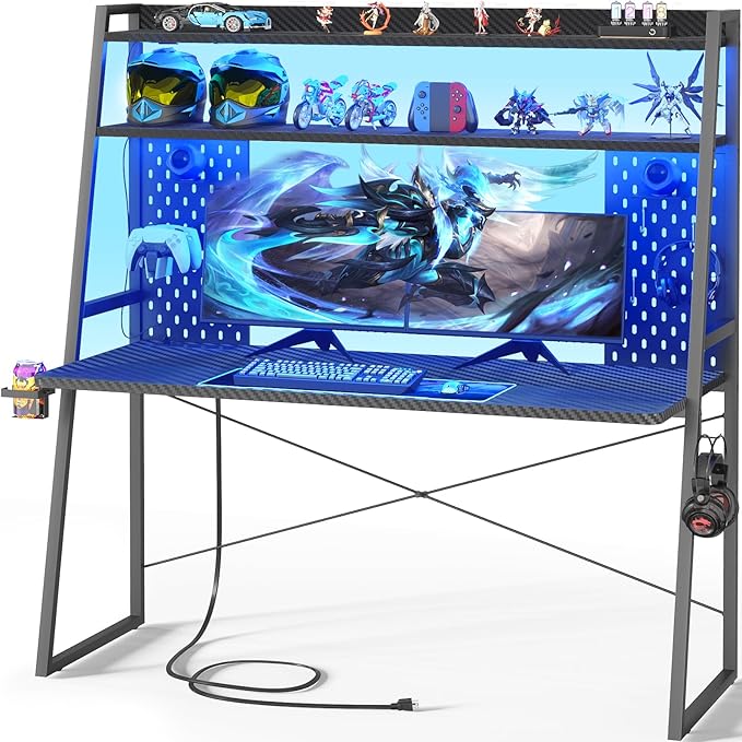 Gaming Desk with Hutch and LED Lights Gaming Computer Desk with Power Outlets Gamer Desk with Storage Shelves PC Game Desks with Pegboards for Bedroom Carbon Fiber Black 49