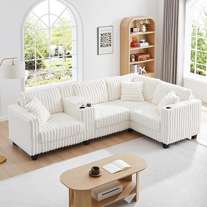 105 Modular Sectional Sofa Comfy Faux Rabbit Fur L-Shaped Cloud Couch with Center Console Cup Holders and Storage 4 Seater Sofa Couch for Living Room Apartment (White)