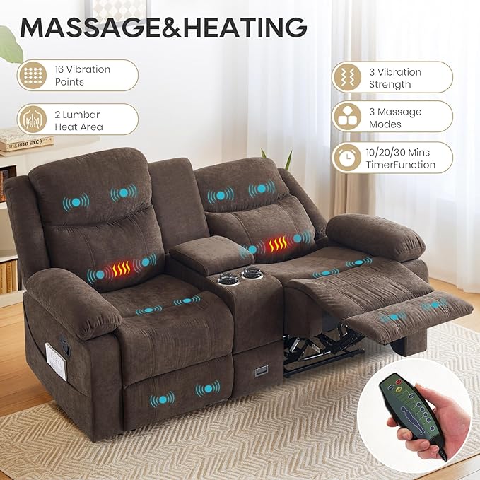 Recliner Sofa Reclining Loveseat Sofa with Massage &amp Heat Reclining Couch with Side Pockets Extra Storage Cup Holders for Living Room