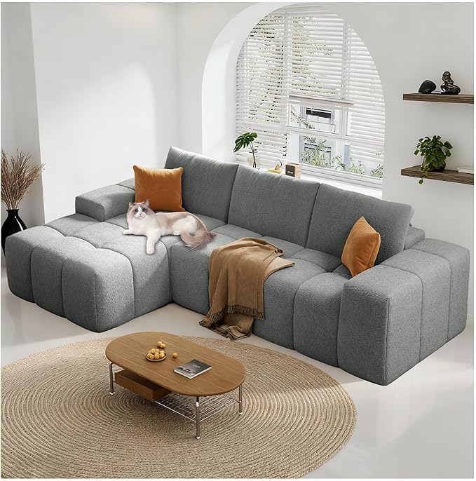 114” Oversized Modular Sectional Couch for Living Room Chenille Boneless Couch L-Shape Cloud Sofa with Deep Seat and Chaise Memory Foam Compressed Sofa for Living Room Furniture Bedroom Apartment
