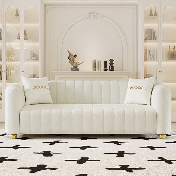 Lambswool Sofa for Living Room 84 Mid-Century Modern Beige Couch Luxury Loveseat Sofa Couch Sectional Love seat Sofa Couch with Gold Legs Upholstered Sofa for Apartment Bedroom Home Office