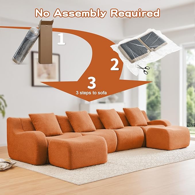 Modular Sectional Sofa for Living Room 148 U-Shaped Orange Boneless Cloud Couch with 2 Ottoman4-Seat Teddy Fabric Sofa Deep Seat Curved ArmrestStreamlined Ergonomic Design
