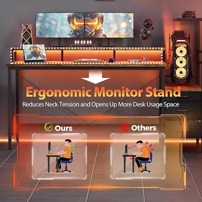 Mericonia Gaming Desk with Power Outlets &amp LED Lights Reversible Computer Desk with PC Case Stand Fabric Drawers Modern Office Desk with Shelves Monitor Stand
