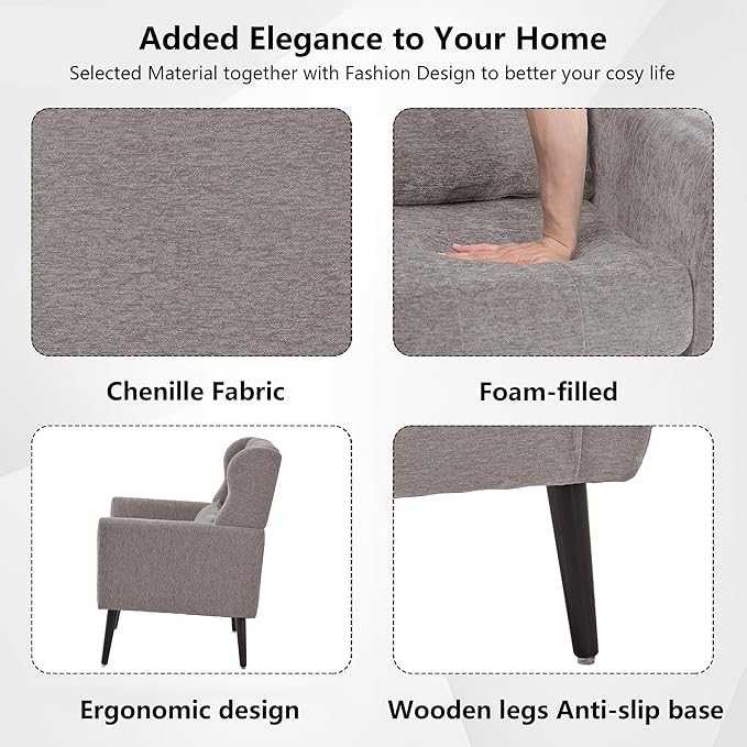 Modern Accent Chair Chenille Fabric Upholstered Tufted Side Chair Wingback ChairMid Century Reading Armchair with Waist Pillow Backrest for Living Room Bedroom (Grey)