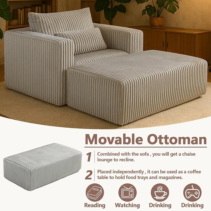 51 Oversize Chair &amp Boneless Chair with Ottoman Single Sofa with Ottoman for Living RoomOverstuffeds Chairs &amp Corduroy Chairs with Pillow and Wide Armret Memory Foam No Assembly (Smoke Gr
