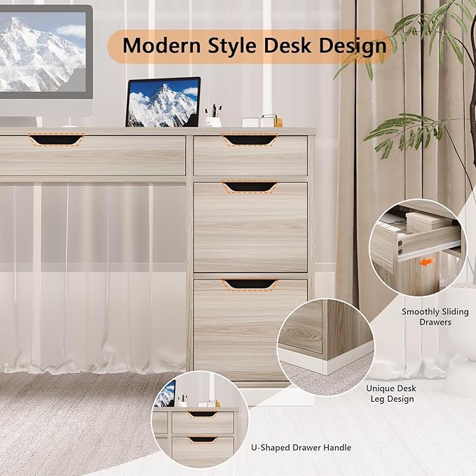 54 Inch Computer Desk with Storage Drawers Executive Desk with 7 Drawers for Bedroom Office Desk with File Cabinet for Work Study Writing Small Spaces White and Walnut