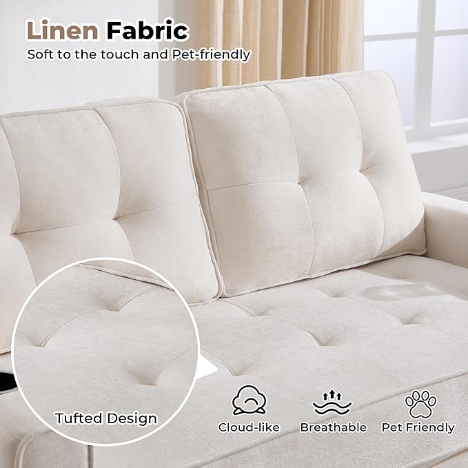Convertible Sofa Bed Pull Out Loveseat Sleeper CouchLinen Fabric 2 in 1 Folding Couch Bed Fold Out Floor Futon Couches with Cup Holder for Living Room BedroomSmall Space Beige