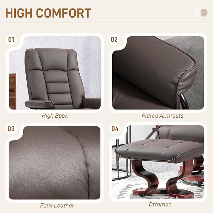 Recliner with Ottoman Swivel Recliner Chair and Ottoman Faux Leather Reclining Chair with High Back and Wood Frame for Living Room Bedroom Brown