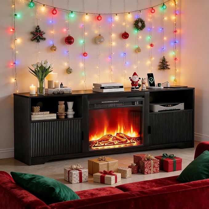 Fireplace TV Stand for Television up to 80 InchEntertainment Center with Adjustable ShelfMid-Century Modern Fluted TV Stand with 23 Electric FireplaceMedia Console for Living RoomBedroom