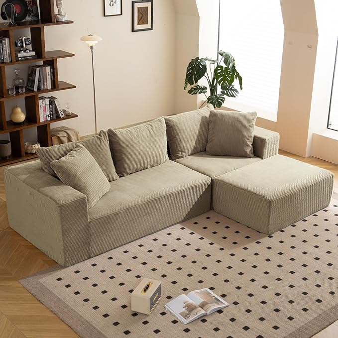 108 L-Shaped Boneless Couch Modular Sectional Sofa with Moveable Ottoman Corduroy Cloud Couches for Living Room No Assembly Ship in a Box Camel