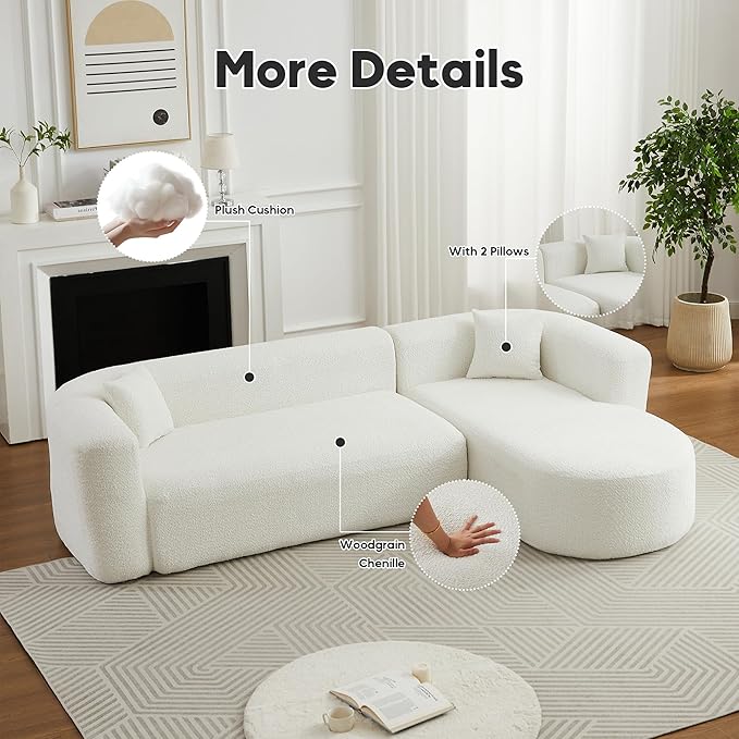Oversized Sectional Sofa with Chaise with 2 Throw Pillows 109 Modern Luxury Chenille Sofa Extra Deep Seat L-Shape Curved Cloud Couch for Living Room (Right Facing Chaise Beige)