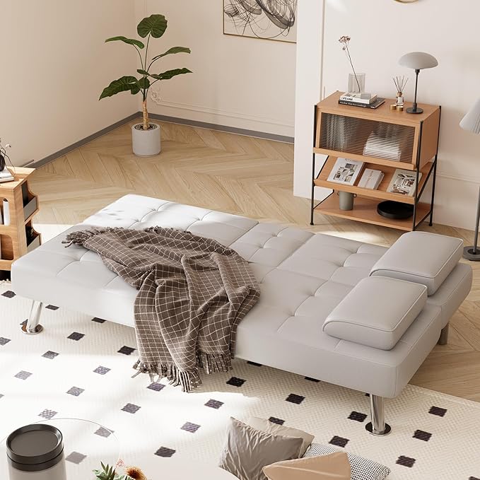Shahoo Convertible Folding Futon Sofa Bed Sleeper Couch for Living Room Faux Leather Upholstered Loveseat w/Removable Armrests Metal Legs 2 Cup Holders White