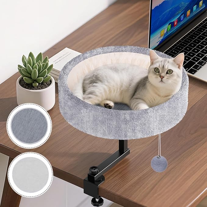 Cat Desk Bed - 360° Rotating &amp Adjustable Supports 44 lbs Soft Faux Fur with Dual-Sided Reversible Mat Modern Indoor Cat Nest Furniture for Office Desks and Game Tables Island Table