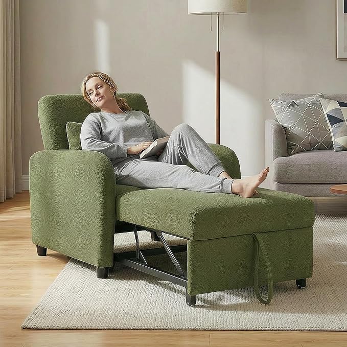 CHITA Sleeper Chair 3-in-1 Pull Out Convertible Single Sofa Bed with Adjustable Backrest Chenille Chaise Lounge Chair for Living Room Bedroom &amp Apartment Moss
