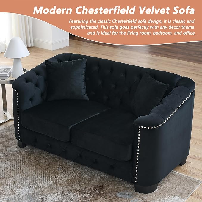 mikibama Modern Chesterfield Velvet Loveseat Sofa 59 Inch Sectional Sofa Luxury 2 Seater Upholstered Tufted Couch with Nailhead Arms and 2 Pillows for Living Room Bedroom Apartment(Black)