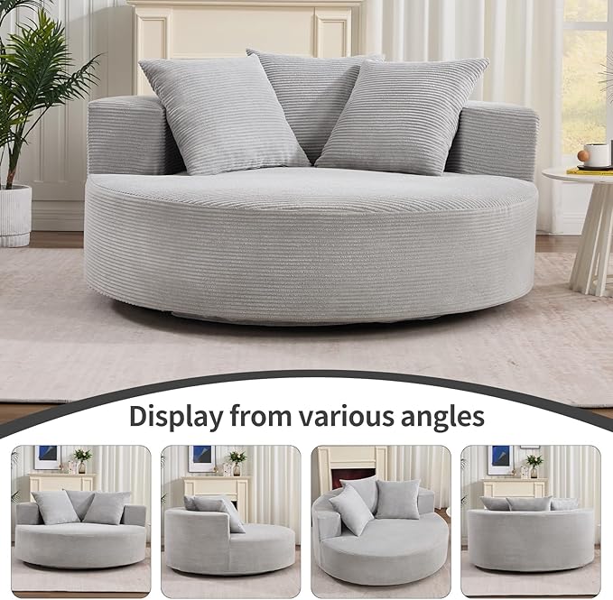 CANMOV Oversized Round Swivel Chaise Longue Chair Indoor Upholstered Corduroy Deep Seat Cloud Large Circle Sofa Chair Modern Single Cloud Sofa Bed for Living Room Bedroom Apartment Light Gray
