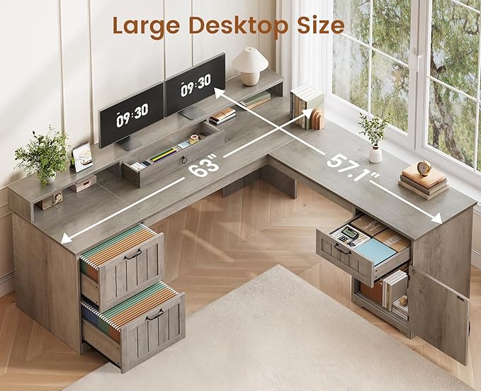 SEDETA 63 L Shaped Desk with Drawers Farmhouse Corner Computer Desk Wood Office Desk with File Drawers with Storage Executive Desk with Monitor Stand and Storage Cabinet Grey