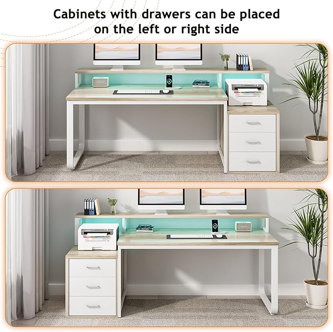 HOMBCK 67 Computer Desk with 3 Drawers Home Office Desk with Long Monitor Stand and Printer Space Office Desk with Storage &amp LED Lights Writing Desk with Drawers Walnut and White