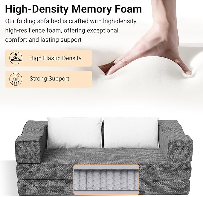 80 Foldable Chenille Futon Sofa Bed 4-in-1 Convertible Couch with 2 Pillows King-Size Floor Lounger for Living Room Guest Room Dorm - No Assembly (Gray 80in)