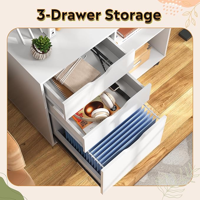 DEVAISE 3-Drawer Wood File Cabinet Mobile Lateral Filing Cabinet Printer Stand with Open Storage Shelves for Home Office White