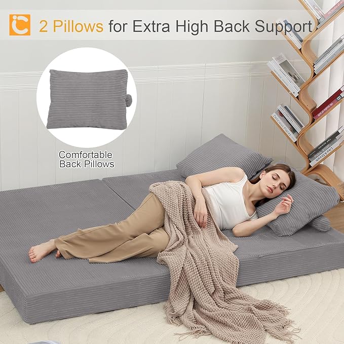 COMAX Convertible Sofa Bed Folding Floor Couch Corduroy Fold Out Couch Bed Futon Sleeper Mattress with Pillows Boneless Sofa Comfy Lounge Loveseat for Living Room Bedroom Light Grey