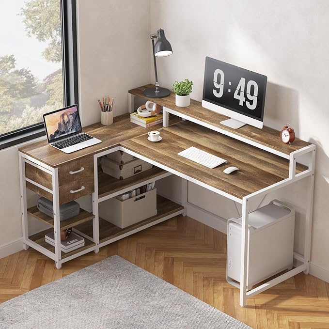 Tribesigns L Shaped Desk with Drawers and Storage Shelves Corner Home Office Desk with Monitor Stand 55 x 24 Desktop Computer Table Gaming Study for Small Space (Oak)