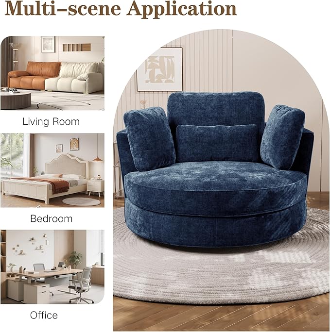 Chifee &amp Vingol 50.2 Oversized Swivel Accent Chair Upholstered Round Barrel Chair with Pillows Swivel Chairs for Living Room BedroomChenilleNavy