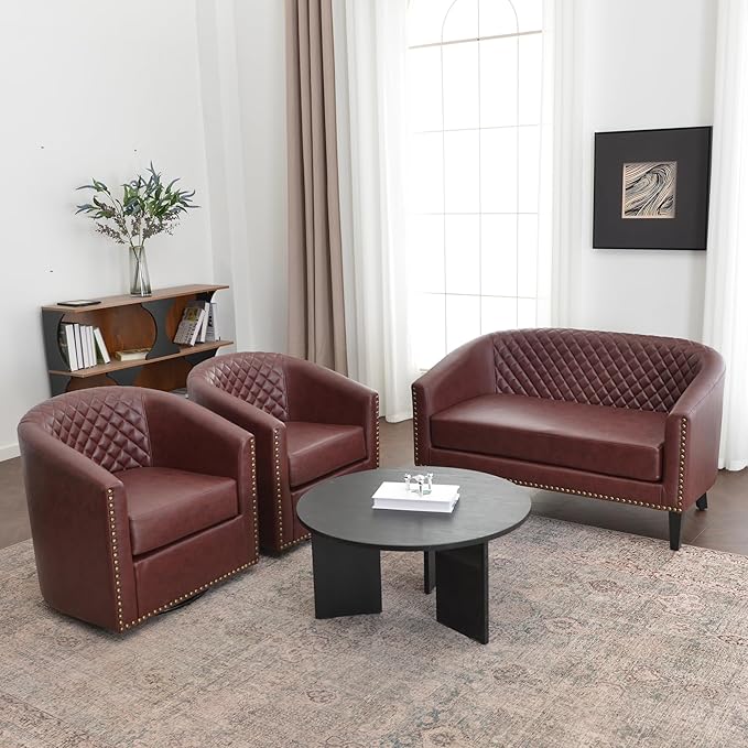 KINWELL 50 Faux Leather Upholstered Loveseat Sofa with 2 Swivel Barrel Accent Chairs Minimalist Comfy 2-Seater Couch and Armchair for Small Spaces Apartment Red