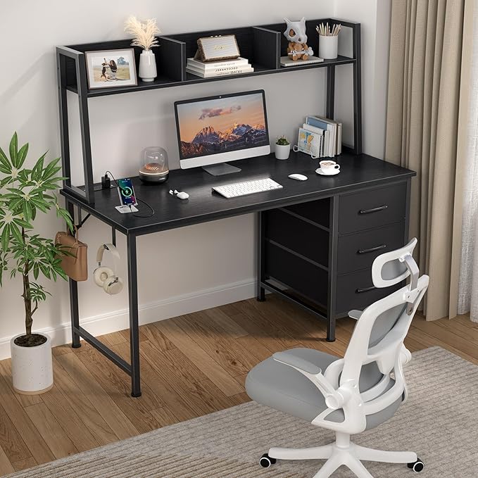 DLisiting Black Computer Desk with Hutch &amp Drawers - Office Desk with 3 Storage Drawers and Power Outlets 47 Inch Modern Study Writing Desk for Bedroom Home Office