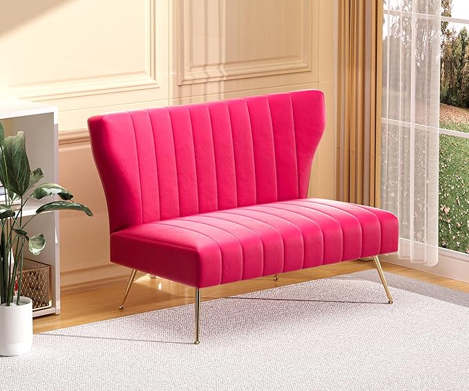50’’ Velvet Modern Armless Loveseat for Living Room Bedroom Upholstered Small Wingback Couch Sofa with Gold Metal Legs &amp 2 Seater (Fuchsia 50 Loveseat)