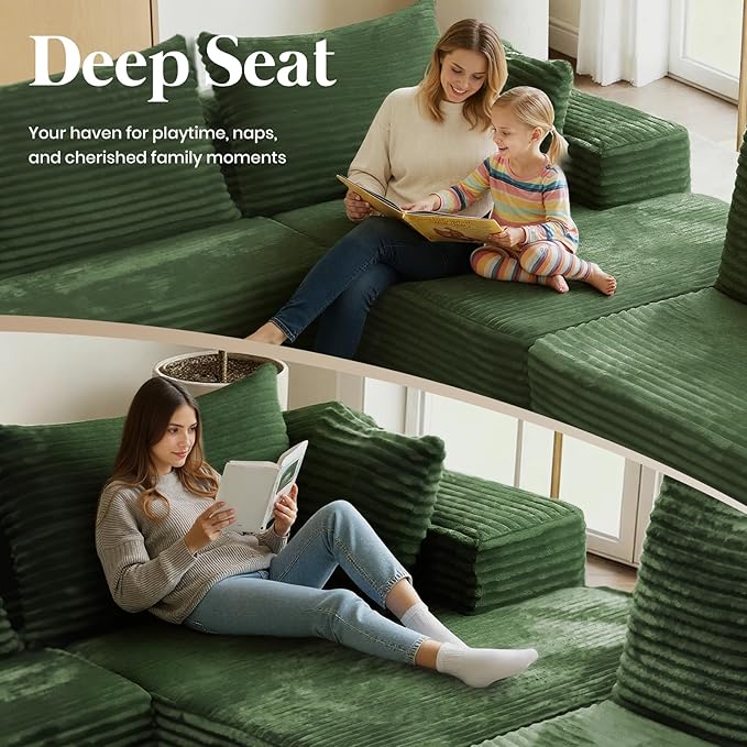 135'' Boneless Couches for Living Room Oversized V-Shaped 6-Seat Faux Fur Convertible Modular Sectional Cloud Sofa 4-in-1 Flexible Combination Deep Seat Corner Large Couch No Assembly Green