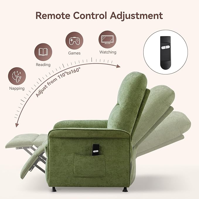 Power Recliner Chair for Adults Modern Reclining Single Sofa with Curved Armrest Comfy Ergonomics Electric Recliner with Side Pockets Adjustable Reading Chair for Living Room Bedroom Chenille Green