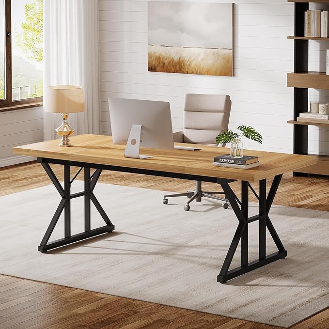 Tribesigns 70.86-Inch Large Executive Desk Industrial Home Office Computer Desk Simple Long Writing Study Table Business Furniture (Light Walnut/Black)