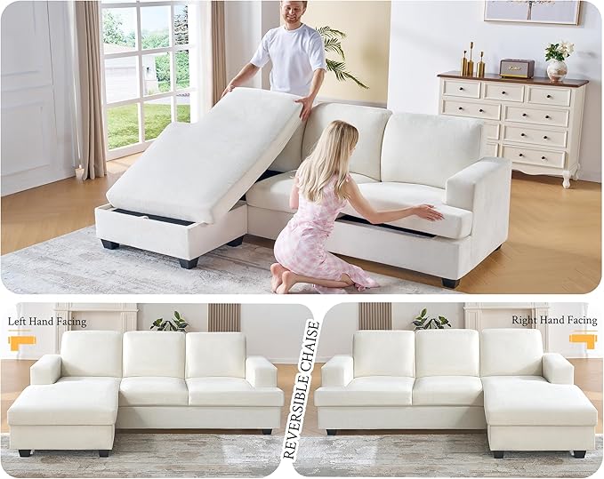 VanAcc 89 Inch Convertible Sofa with Storage Reversible L Shape Sofa Couch with Chaise Comfy Couches for Living Room Beige Chenille