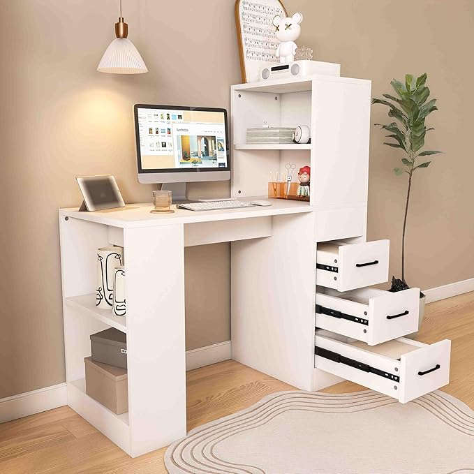 L Shaped Desk with Power Outlets &amp LED Lights Computer Desk with Drawers &amp Bookshelf Modern Corner Desk for Home Office Study Gaming Table Writing Workstation (White-New)