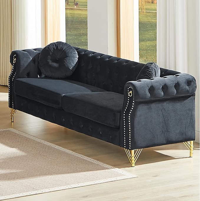 ERYE 82-Inch Button Tufted Sofa Couch with 2 Round Pillows 3 Seat Velvet Tufted Sofa Spacious Chesterfield Loveseat Couches W/Nailhead DecorRing Accent &amp Golden Legs