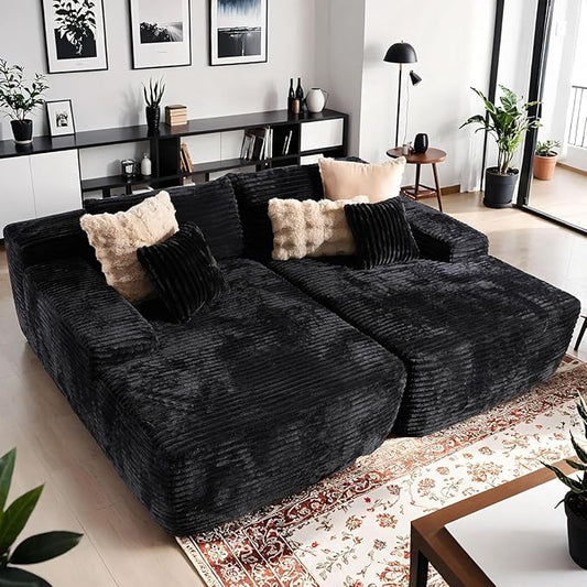 Oversized Chaise Lounge Sofa Indoor - Luxury 80 Cloud Sectional Couch Sofa Bed Deep Seat Plush Corduroy Lounge Chair Sleeper Sofa for Living Room Bedroom (Black2PCS)