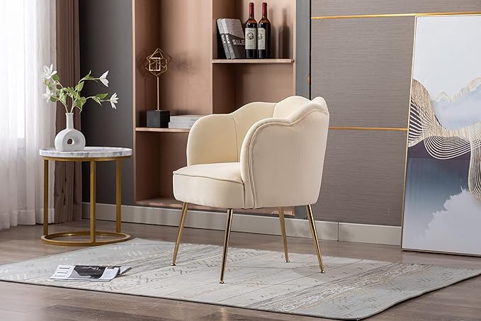 Shell Shape Velvet Fabric Armchair Accent Chair with Gold Legs for Living Room BedroomCreme White