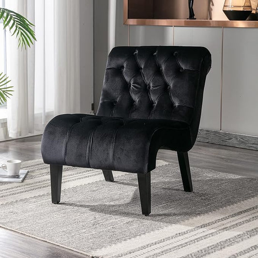 Yoluckea Modern Upholstered Accent Chair S-Shape Armless Lounge Chair for Bedroom Living Room Comfy Velvet Chaise Chairs with Button Tufted Back and Solid Wood Legs Black