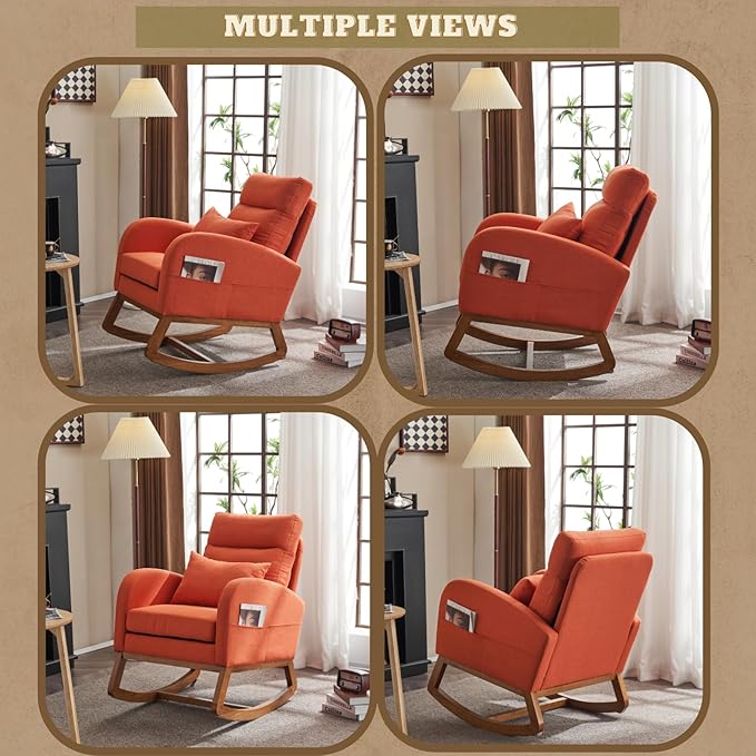 VINGLI Orange Linen Rocking Chair Nursery with Thick Headrest Upholstered Mid-Century Modern Nursing Rocker Glider with Curved Armrest Sturdy Solid Wood Base for Living Room Bedroom Baby Room