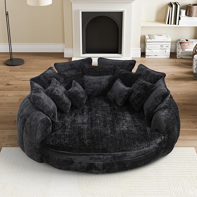 81 Round Sofa Bed Big Bean Bag Round Chaise Lounge Oversized Round Couch Boneless Reading Chair Plush Fluffy Chenille Large Chaise Chair for Living Room Bedroom Apartment Black
