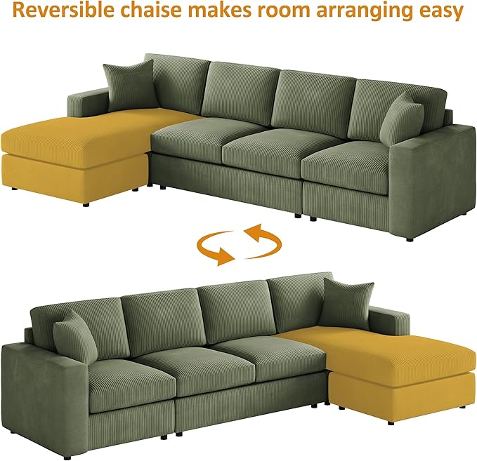 VANOMi 119 L-Shaped Sectional Sofa with Reversible Chaise Modern Corduroy Couch with Deep Seats 4-Seater Upholstered Sofa for Living Room or Apartment Green
