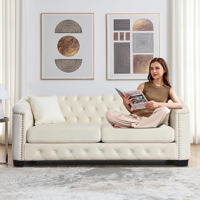 2 Piece Modern Chesterfield Velvet 77 3-Seater + 59 Loveseat Sofa Set Upholstered Tufted Backrests with 8 Nailhead Arms and 4 Cushions for Living Room (Beige 77 3-Seater + 59 Loveseat Sofa Set)