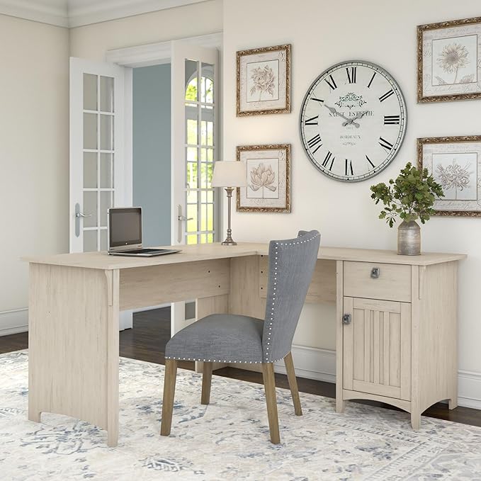 Bush Home L Shaped Desk with Storage for Home Office Modern Farmhouse Corner Table with Drawers and Cabinets Salinas Collection Antique White