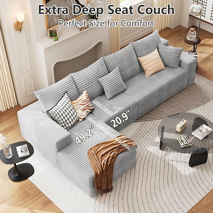 135.4 Cloud Sectional Couch with L-Shape Chaise Modern Modular 4-Seater Sofa with Deep Seat Corduroy Upholstered Couches for Living Room Bedroom No Assembly Required(Grey Left Facing)