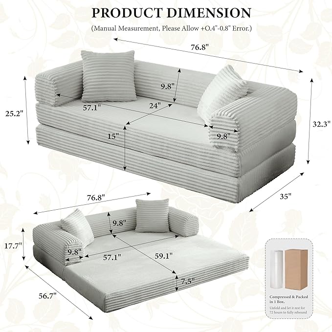 Boneless Couch Versatile Couches for Living Room No-Install Sofa Bed Corduroy Futon Soft Cloud Couch with Pillows for Bedroom Game Movie