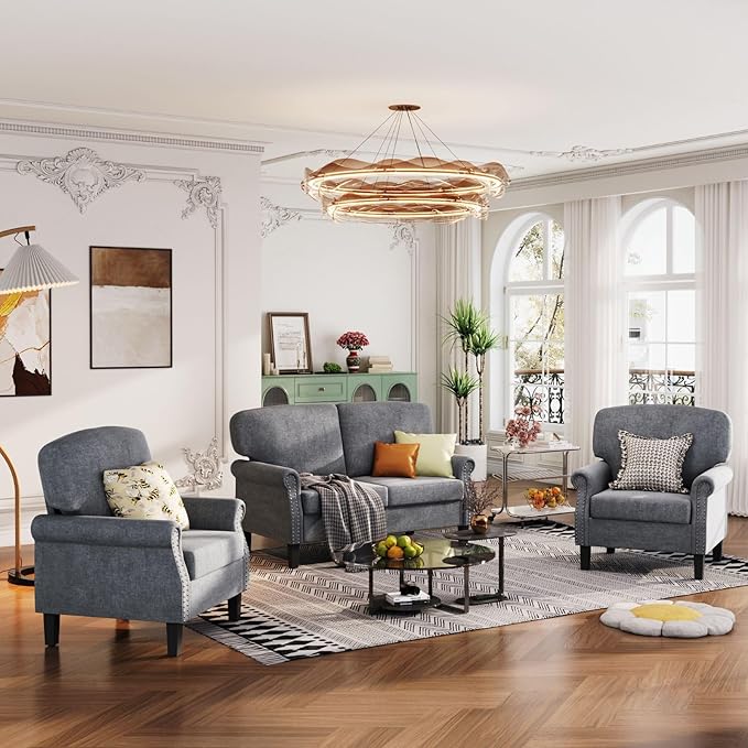 Sophia &amp William 3 Piece Living Room Furniture Set 1 Loveseat &amp 2 Accent Chairs Linen Fabric Comfy Sectional Sofa Couch for Living Room Bedroom Grey