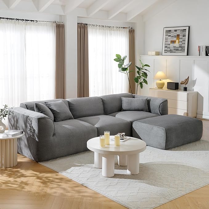 Luxury Living Room Double-Needle Cut Velvet Sofa 4-Seater with Pure Sponge Seat Cushions A Detachable Footstool and 3 Throw Pillows L Shaped Polyester Sofa for Living Rooms (Gray-EK99)